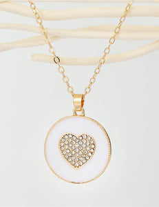 Cara White Enamel Circle Swarovski Heart Pendant Necklace