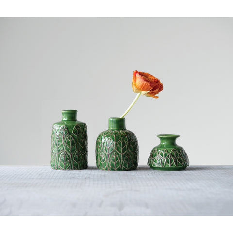 Green Embossed Stoneware Vases