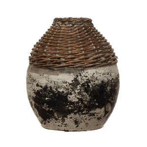 Hand-Woven Rattan and Dark Clay Vase