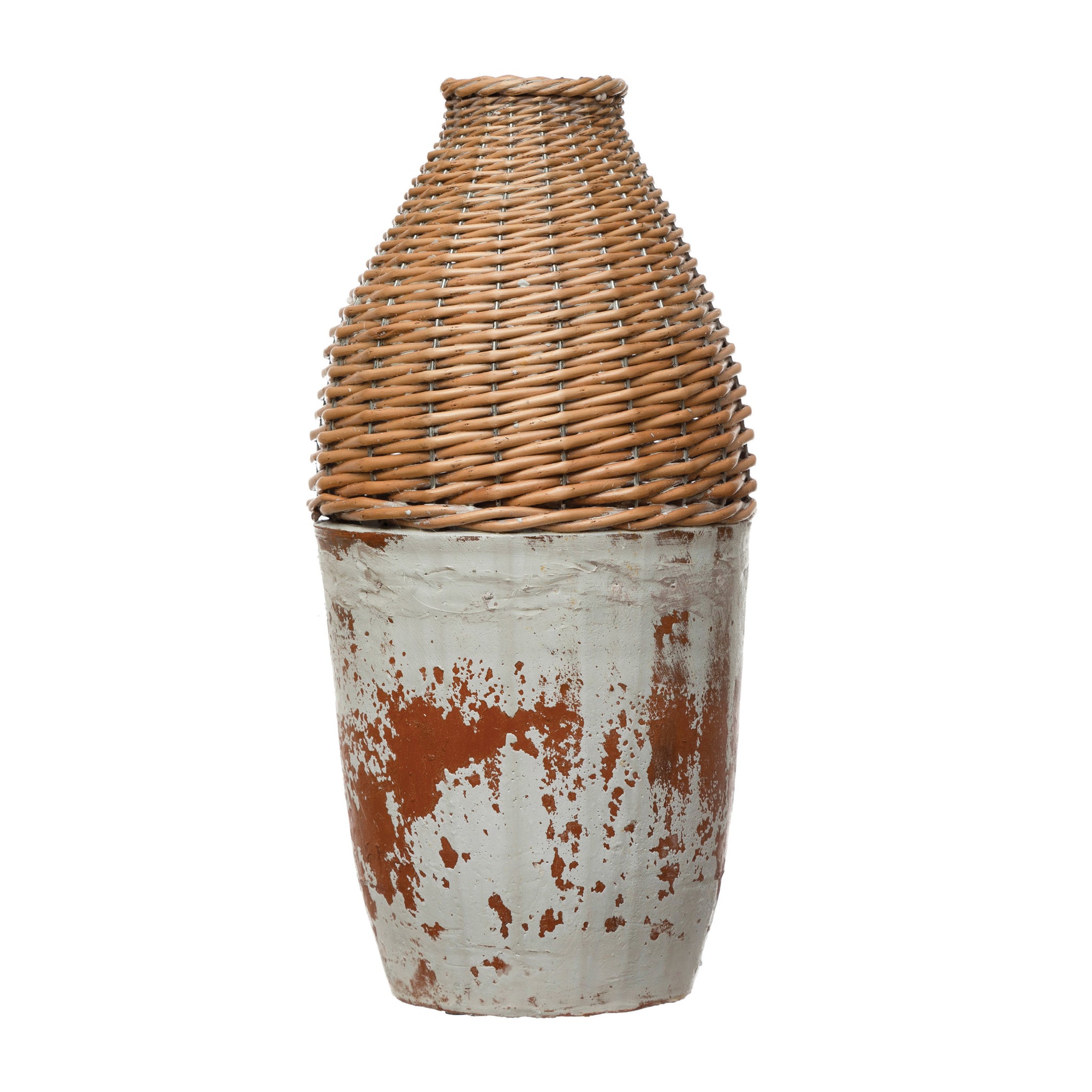 Distressed Hand-Woven Rattan and Clay Vase