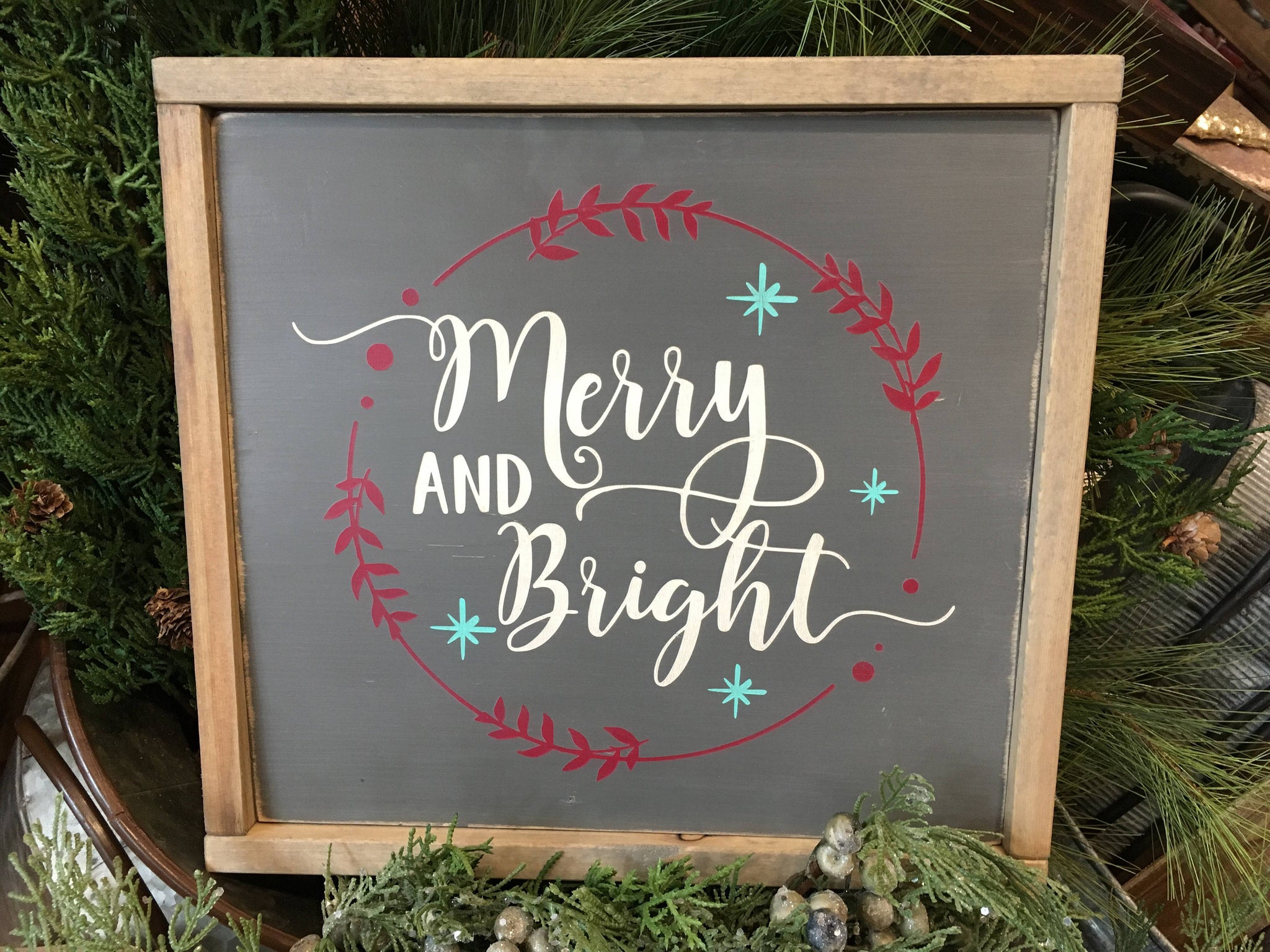 Merry and Bright Wreath Wood Sign