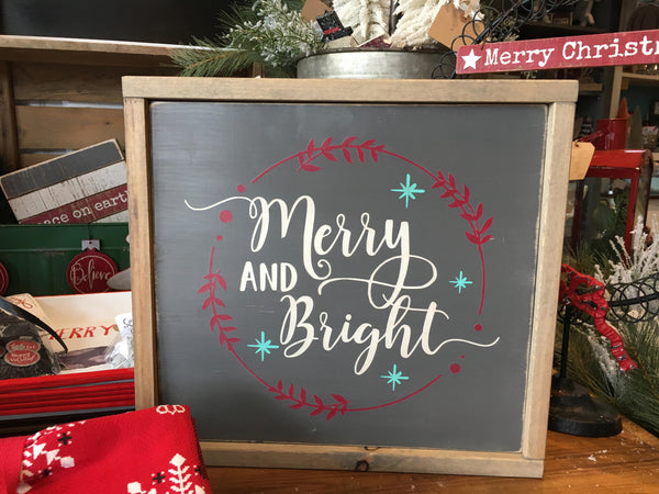 Merry and Bright Wreath Wood Sign
